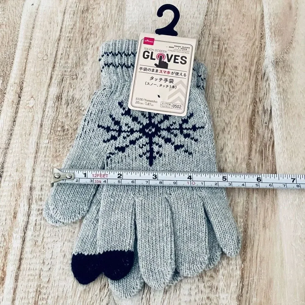 NWT 2 Daiso Digits Touchscreen Touch Screen Grey Adult Snowflake Knit Gloves Set